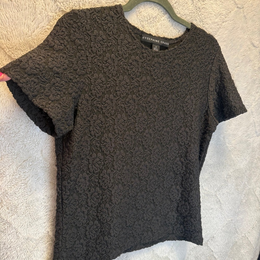 Vtg 90s Black Textured Floral Knit Baby Tee M Whimsigoth Dark Academia Minimalis
